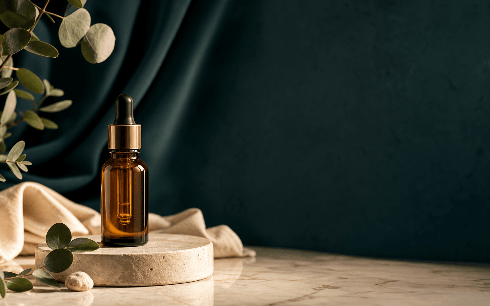 Premium serum product photography on a teal studio backdrop