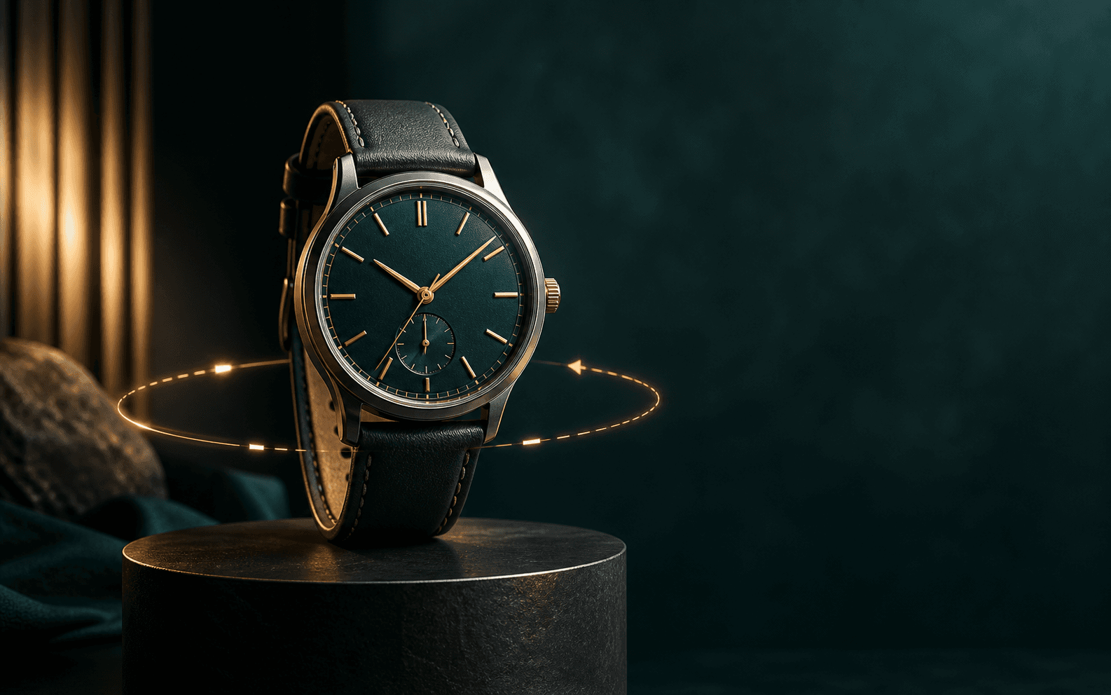 Premium watch product photography with a glowing 360 orbit line